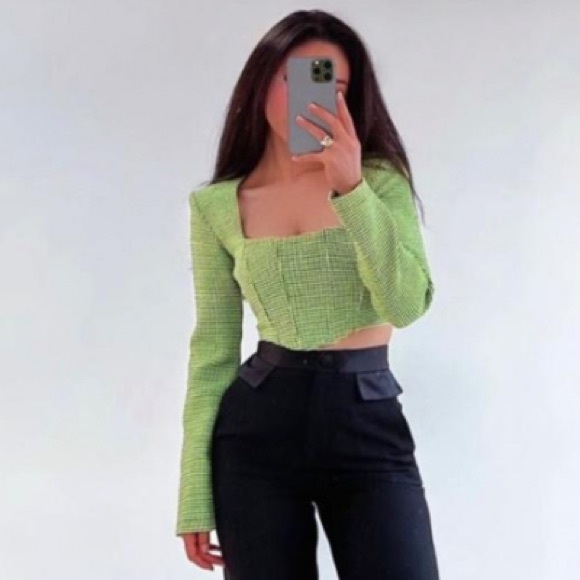 NWT Zara Houndstooth Neon Green & Black Crop Top Medium M Gorgeous Top - Picture 3 of 9